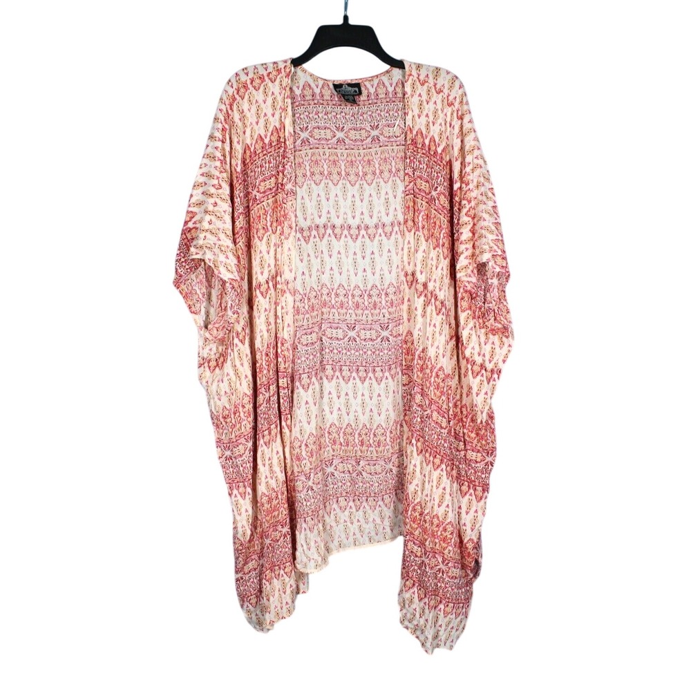 ANGIE Pink/Cream CREPE Open-Front BOHO PRINTED Topper Kimono Cardigan Sz M